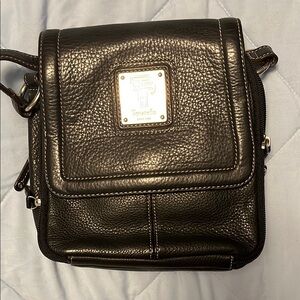 Tignanello Black Pebbled Leather Crossbody Bag with Gold Logo Plate